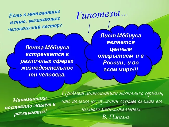 Гипотезы… Лента Мёбиуса встречается в различных сферах жизнедеятельности человека. Лист Мёбиуса