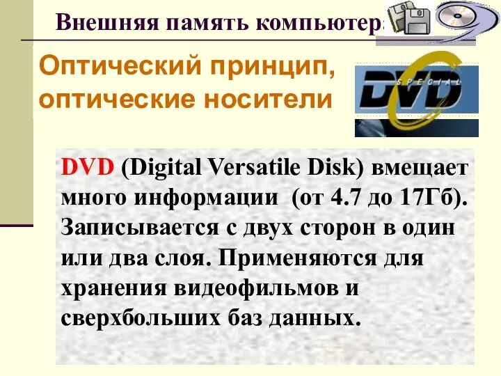 Внешняя память компьютера Оптический принцип, оптические носители DVD (Digital Versatile Disk)