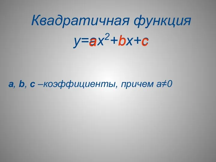 Квадратичная функция y=ax2+bx+c a, b, c –коэффициенты, причем а≠0 a b c