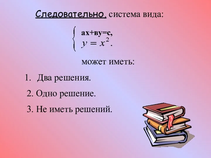 может иметь: Два решения. 2. Одно решение. 3. Не иметь решений. ах+ву=с, Следовательно, система вида: