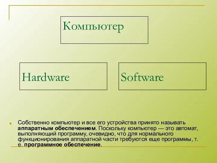 Компьютер Собственно компьютер и все его устройства принято называть аппаратным обеспечением.