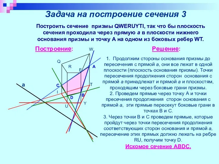 Задача на построение сечения 3 Построить сечение призмы QWERUYTI, так что