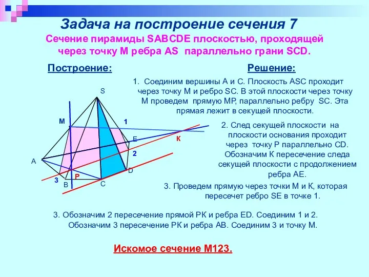 Задача на построение сечения 7 Сечение пирамиды SABCDE плоскостью, проходящей через