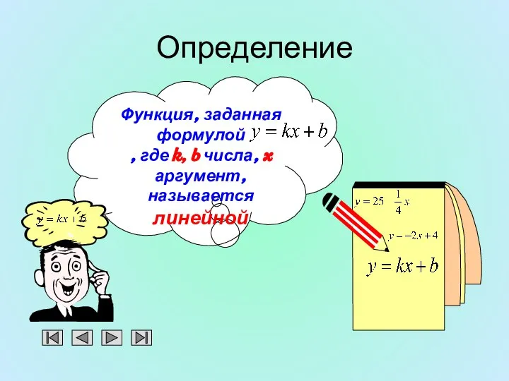 Функция, заданная формулой , где k, b числа, x аргумент, называется линейной Определение