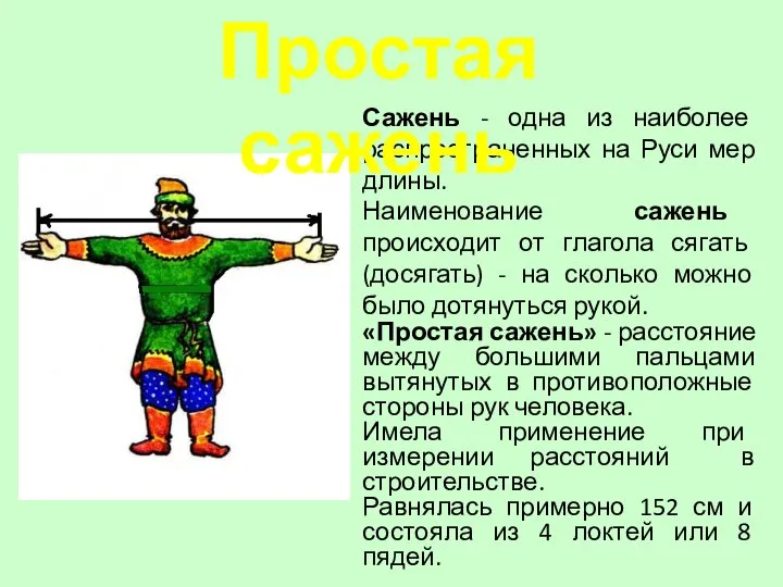 Сажень - одна из наиболее распространенных на Руси мер длины. Наименование