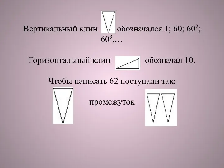 Вертикальный клин обозначался 1; 60; 602; 603,… Горизонтальный клин обозначал 10.