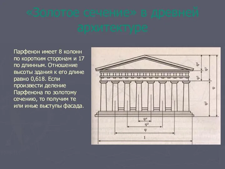 «Золотое сечение» в древней архитектуре Парфенон имеет 8 колонн по коротким