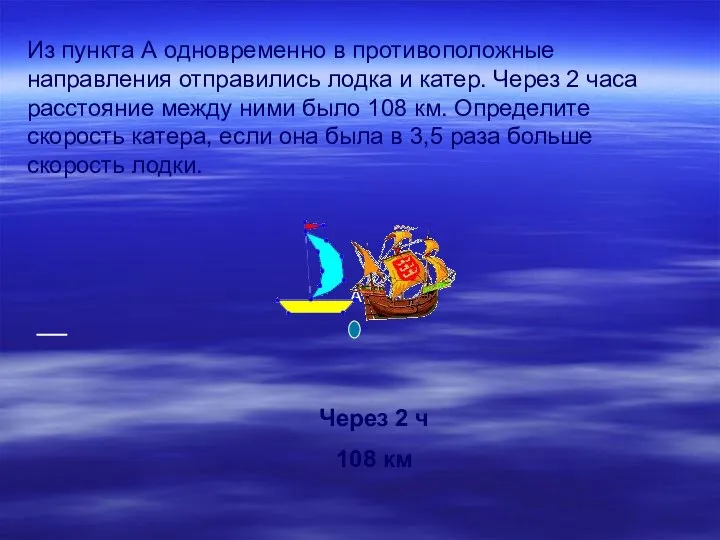 Из пункта А одновременно в противоположные направления отправились лодка и катер.