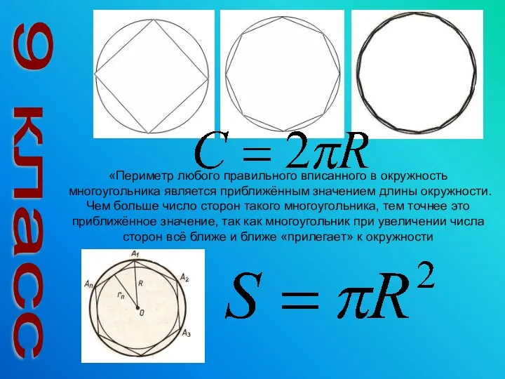 9 класс «Периметр любого правильного вписанного в окружность многоугольника является приближённым