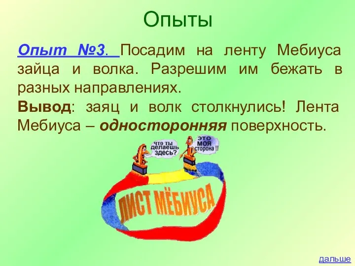 Опыт №3. Посадим на ленту Мебиуса зайца и волка. Разрешим им