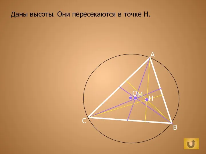 О М A B C Даны высоты. Они пересекаются в точке H. H