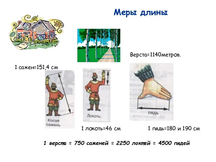 Меры длины Верста=1140метров. 1 сажен=151,4 см 1 локоть=46 см 1 пядь=180