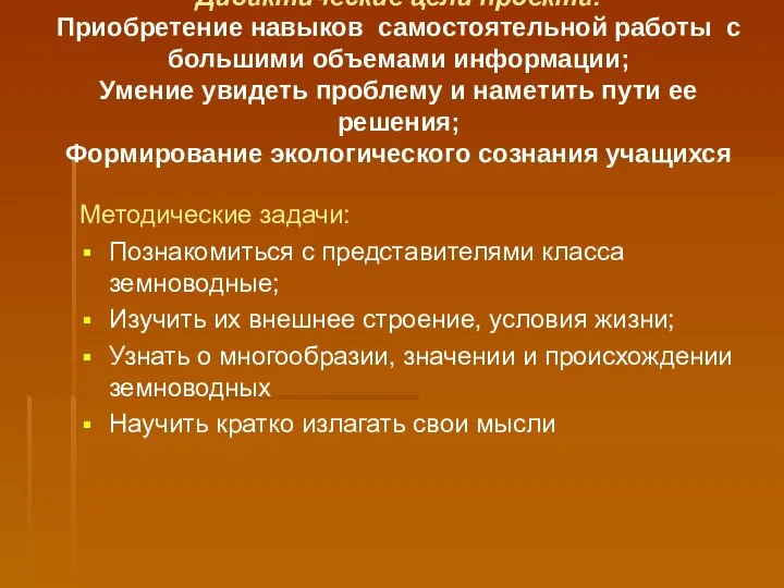 Дидактические цели проекта: Приобретение навыков самостоятельной работы с большими объемами информации;