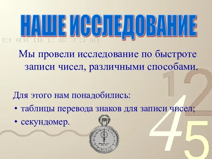 Мы провели исследование по быстроте записи чисел, различными способами. Для этого