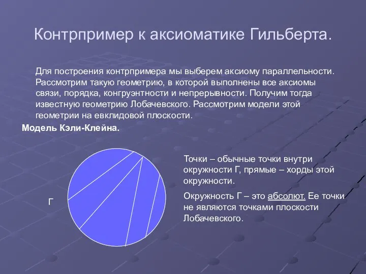 Контрпример к аксиоматике Гильберта. Для построения контрпримера мы выберем аксиому параллельности.