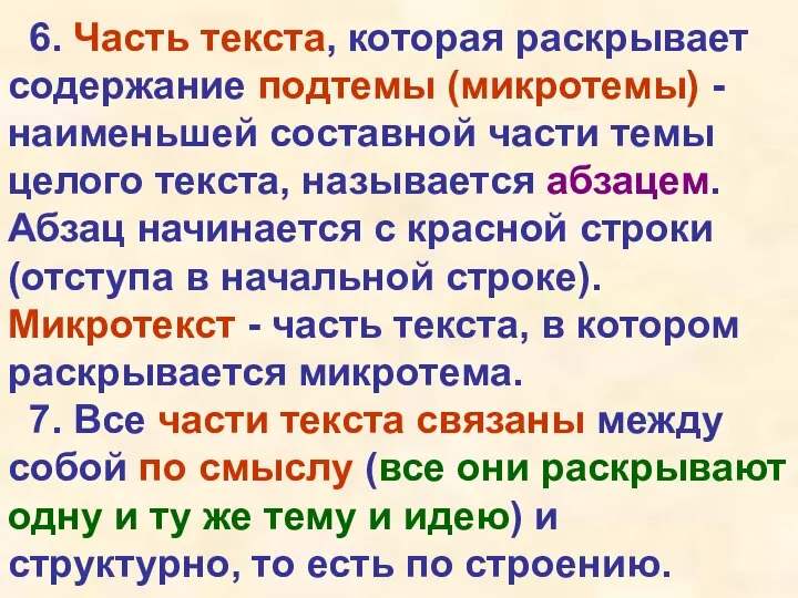 6. Часть текста, которая раскрывает содержание подтемы (микротемы) - наименьшей составной