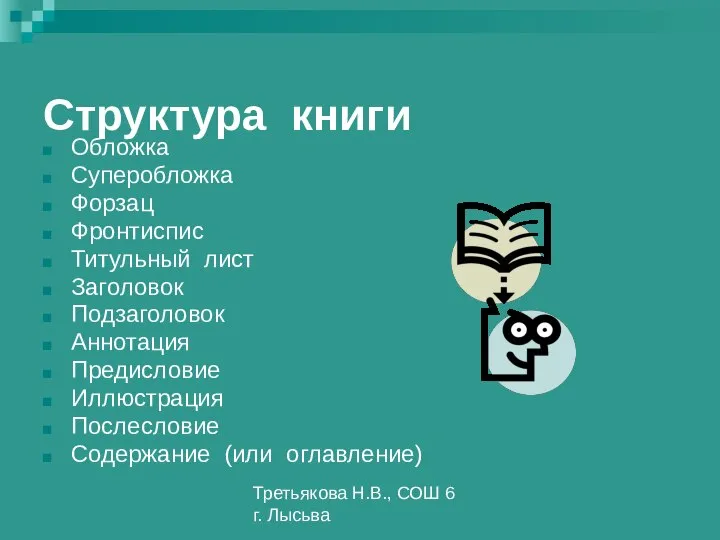 Третьякова Н.В., СОШ 6 г. Лысьва Структура книги Обложка Суперобложка Форзац