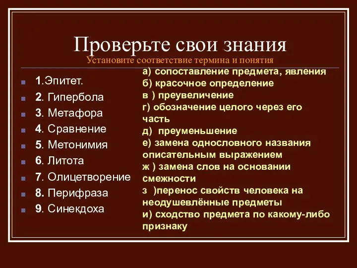 Проверьте свои знания Установите соответствие термина и понятия 1.Эпитет. 2. Гипербола