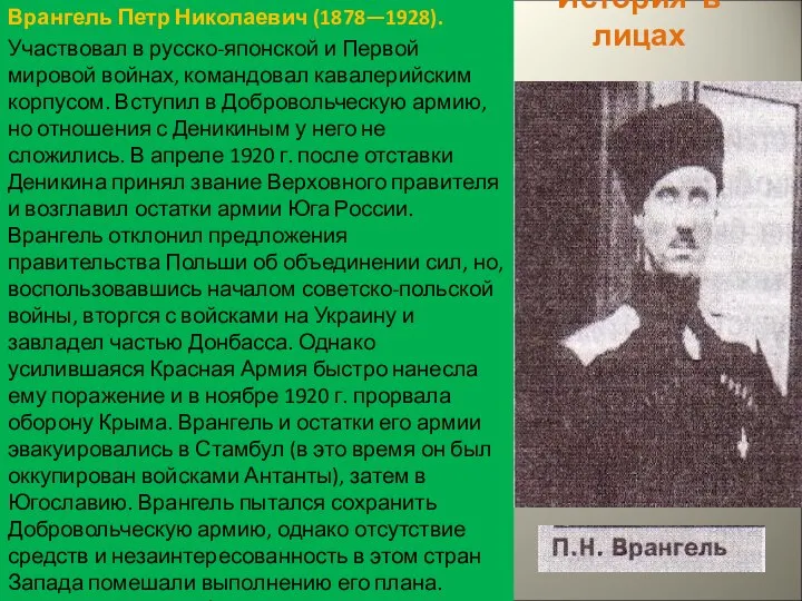 История в лицах Врангель Петр Николаевич (1878—1928). Участвовал в русско-японской и