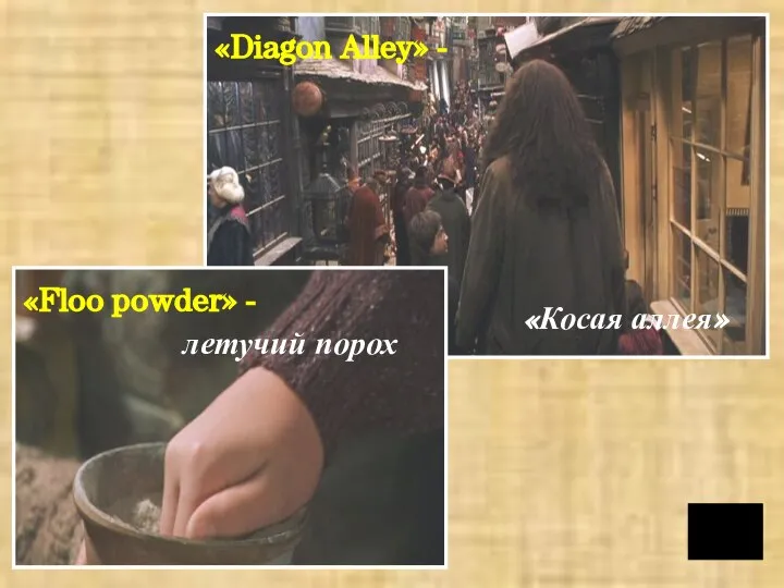 «Floo powder» - летучий порох «Diagon Alley» - «Косая аллея»