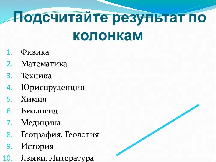 Подсчитайте результат по колонкам Физика Математика Техника Юриспруденция Химия Биология Медицина