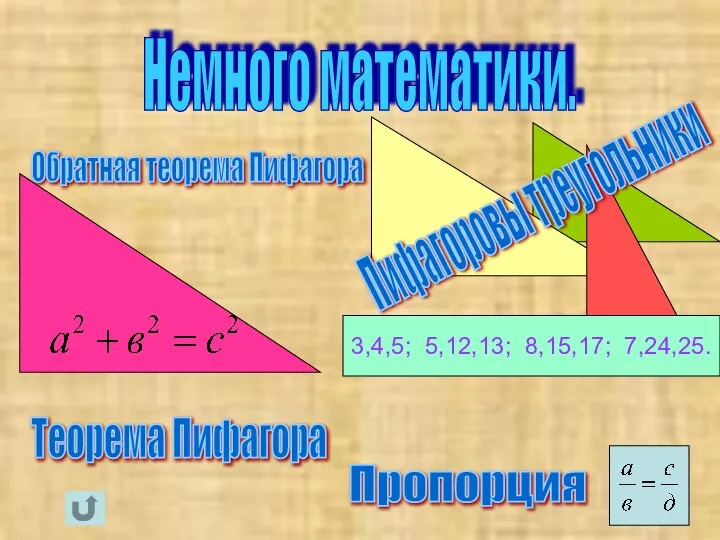 Пропорция Теорема Пифагора Обратная теорема Пифагора Немного математики. Пифагоровы треугольники 3,4,5; 5,12,13; 8,15,17; 7,24,25.