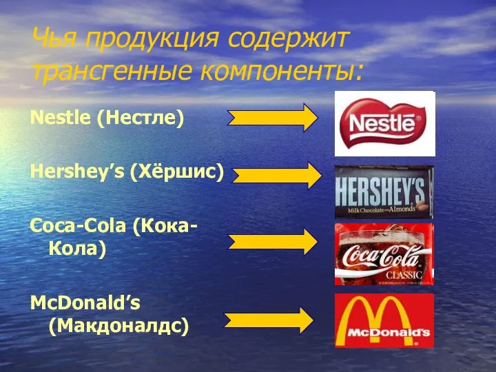 Чья продукция содержит трансгенные компоненты: Nestle (Нестле) Hershey’s (Хёршис) Coca-Cola (Кока-Кола) McDonald’s (Макдоналдс)