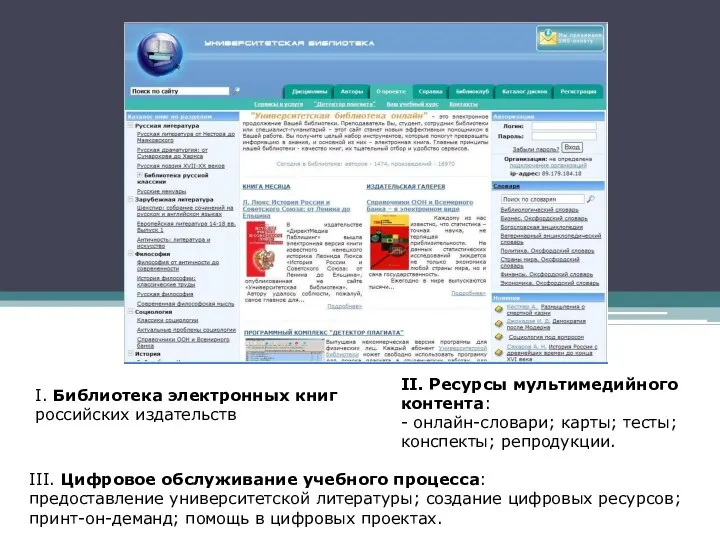 I. Библиотека электронных книг российских издательств II. Ресурсы мультимедийного контента: -