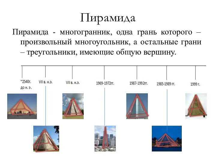 Пирамида Пирамида - многогранник, одна грань которого – произвольный многоугольник, а