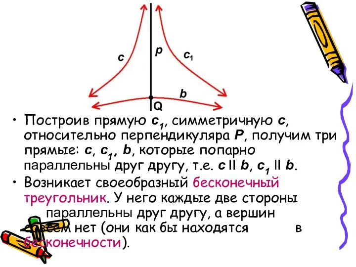 Построив прямую с1, симметричную с, относительно перпендикуляра Р, получим три прямые: