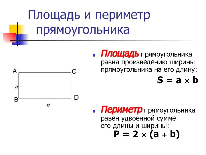 Площадь и периметр прямоугольника Площадь прямоугольника равна произведению ширины прямоугольника на