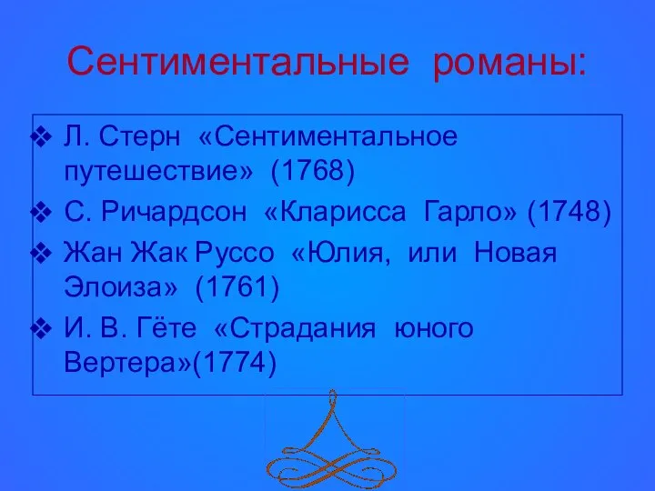 Сентиментальные романы: Л. Стерн «Сентиментальное путешествие» (1768) С. Ричардсон «Кларисса Гарло»