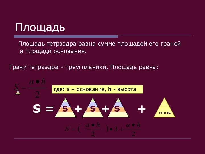 Площадь Площадь тетраэдра равна сумме площадей его граней и площади основания.