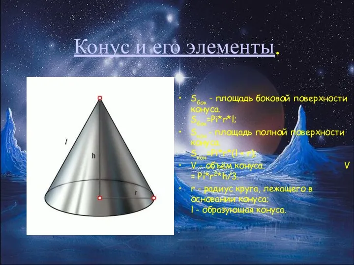 Конус и его элементы. Sбок - площадь боковой поверхности конуса. Sбок=Pi*r*l;