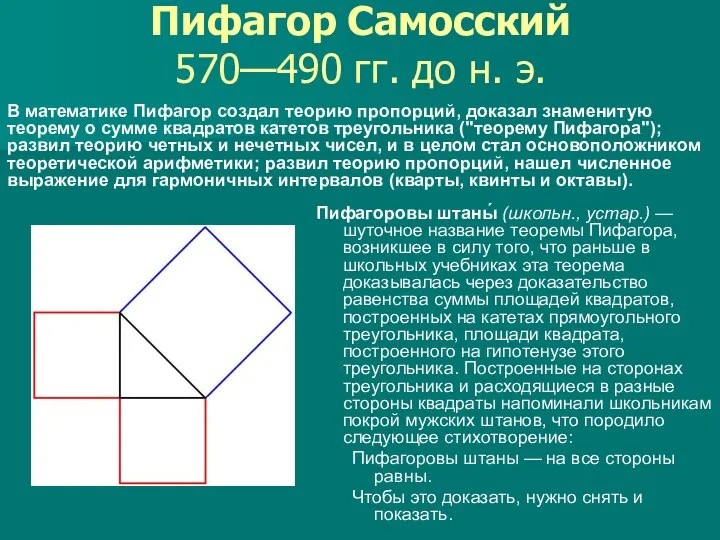 Пифагор Самосский 570—490 гг. до н. э. Пифагоровы штаны́ (школьн., устар.)