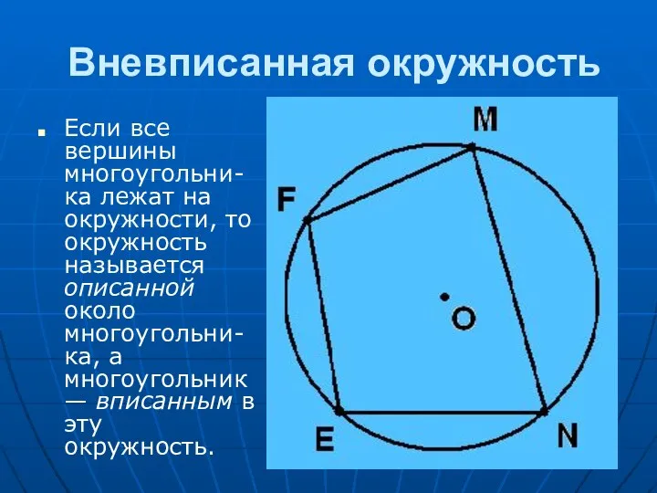 Вневписанная окружность Если все вершины многоугольни-ка лежат на окружности, то окружность