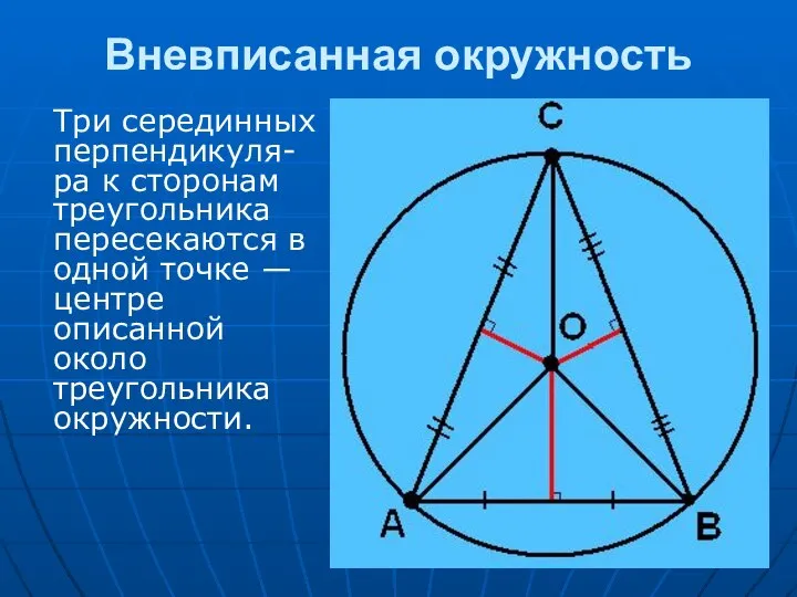 Вневписанная окружность Три серединных перпендикуля-ра к сторонам треугольника пересекаются в одной