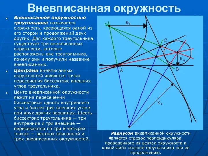 Вневписанная окружность Вневписанной окружностью треугольника называется окружность, касающаяся одной из его