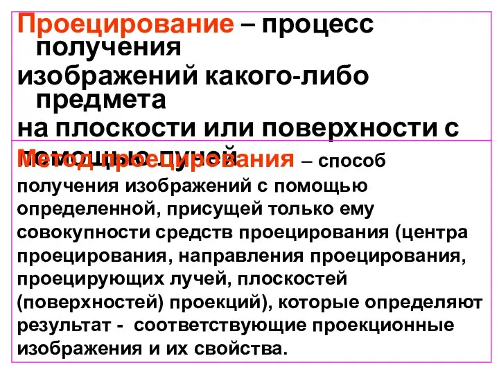 Проецирование – процесс получения изображений какого-либо предмета на плоскости или поверхности