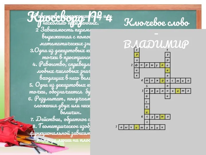 Кроссворд № 4 1.Равенство содержащие одну или несколько переменных. 2 Зависимость