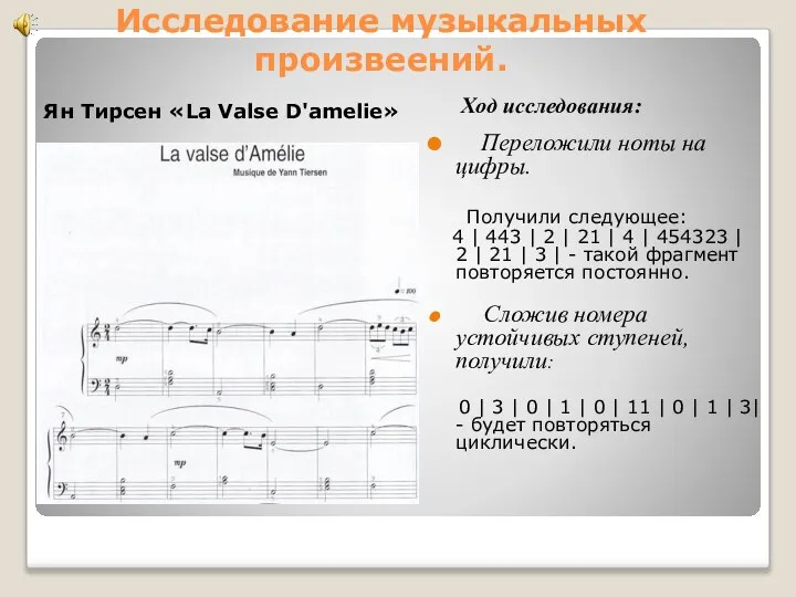 Исследование музыкальных произвеений. Ян Тирсен «La Valse D'amelie» Ход исследования: Переложили