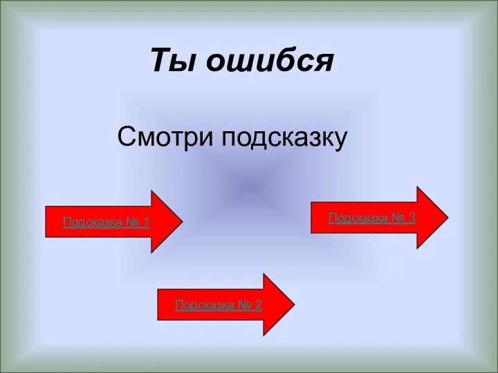 Ты ошибся Смотри подсказку Подсказка № 1 Подсказка № 2 Подсказка № 3