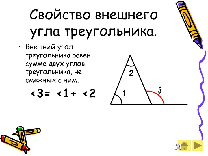 Свойство внешнего угла треугольника. Внешний угол треугольника равен сумме двух углов