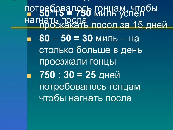 50*15 = 750 миль успел проскакать посол за 15 дней 80