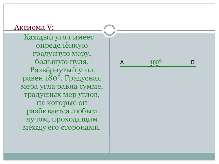 Аксиома V: Каждый угол имеет определённую градусную меру, большую нуля. Развёрнутый