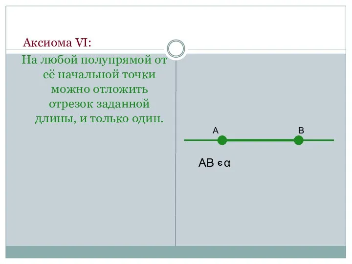 Аксиома VI: На любой полупрямой от её начальной точки можно отложить