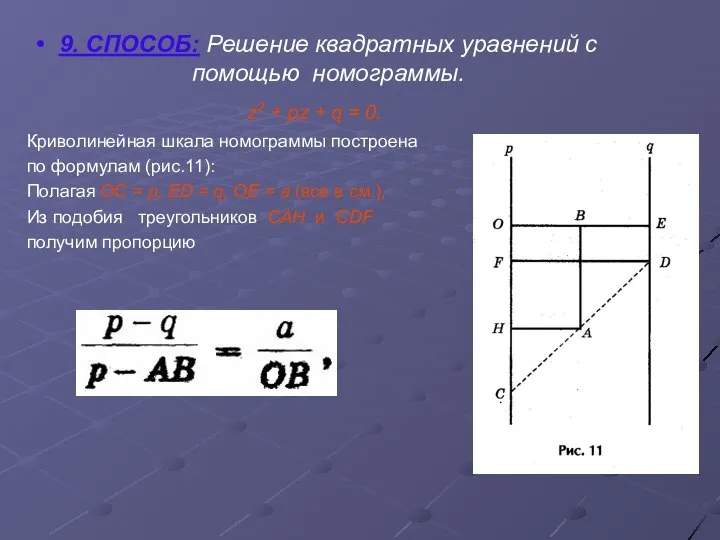 9. СПОСОБ: Решение квадратных уравнений с помощью номограммы. z2 + pz