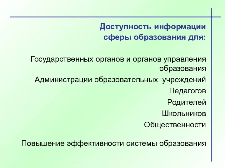 Доступность информации сферы образования для: Государственных органов и органов управления образования