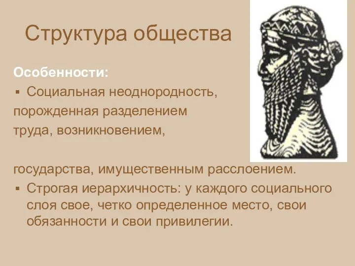 Структура общества Особенности: Социальная неоднородность, порожденная разделением труда, возникновением, государства, имущественным