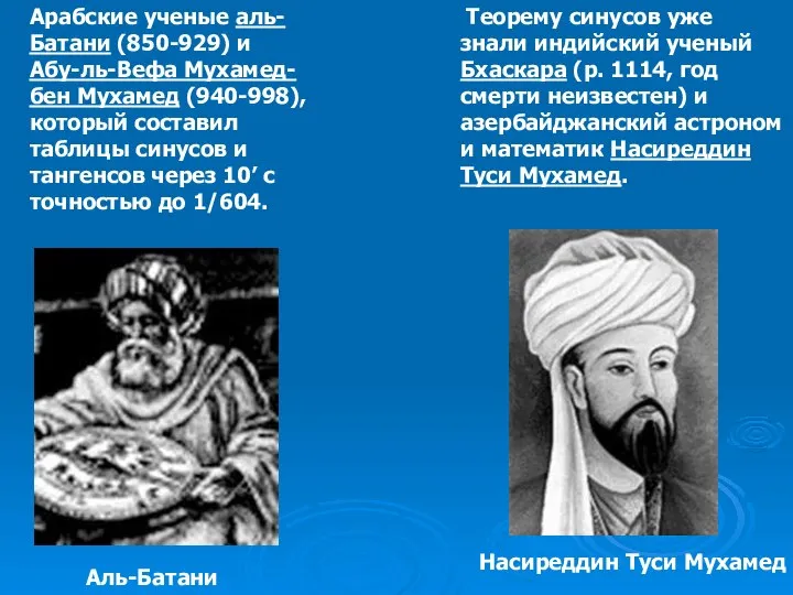 Арабские ученые аль-Батани (850-929) и Абу-ль-Вефа Мухамед-бен Мухамед (940-998), который составил